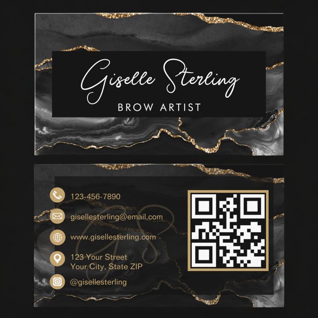 Cartão De Visita Black Gold Brow Artist QR Code  (Criador carregado)