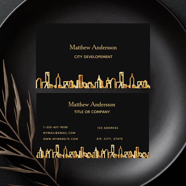Cartão De Visita Black gold city skyline construction (Criador carregado)