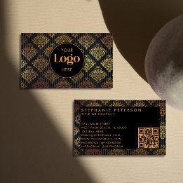Cartão De Visita Black & Gold Damask Striped Custom Logo QR Code