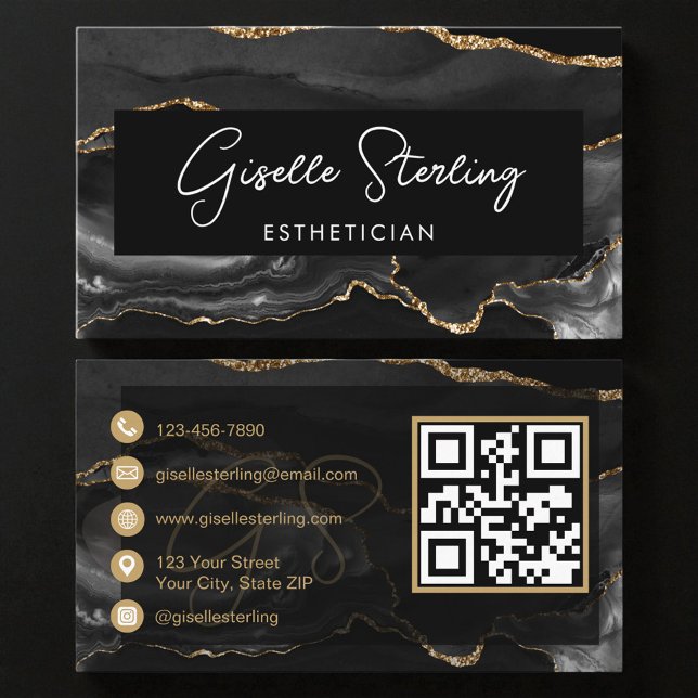 Cartão De Visita Black Gold Esthetician QR Code  (Criador carregado)