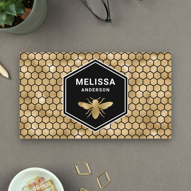 Cartão De Visita Black Gold Foil Hexagon Honeycomb Abelha Mel (Criador carregado)