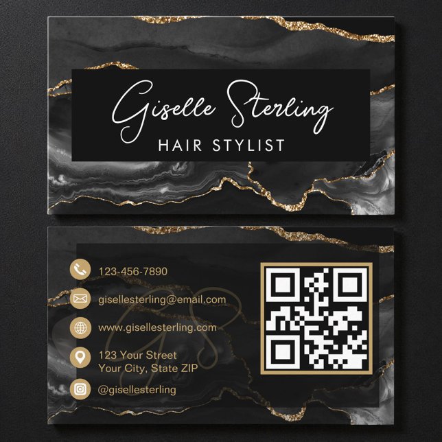 Cartão De Visita Black Gold Hair Stylist QR Code  (Criador carregado)