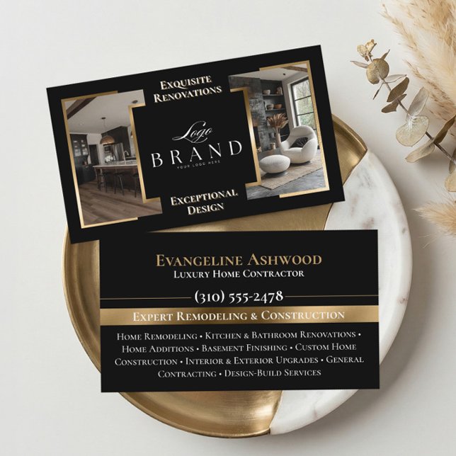 Cartão De Visita Black Gold Home Remodeling Contractor Custom Logo (Black Gold Home Remodeling Contractor Custom Logo Business Card)