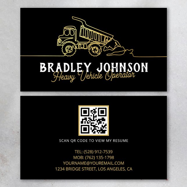 Cartão De Visita Black Gold Modern Heavy Vehicle Operator QR Code (Criador carregado)