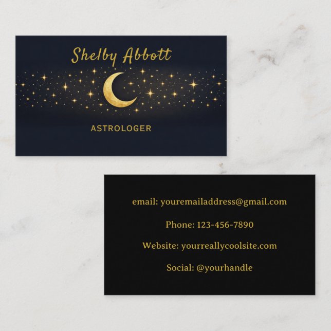 Cartão De Visita Black & Gold Moon and Stars Business Card (Frente/Verso)