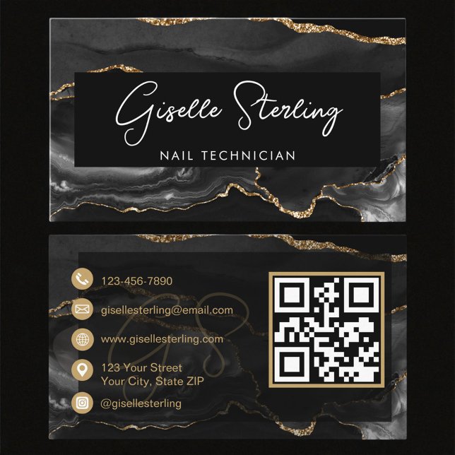 Cartão De Visita Black Gold Nail Technician QR Code   (Criador carregado)