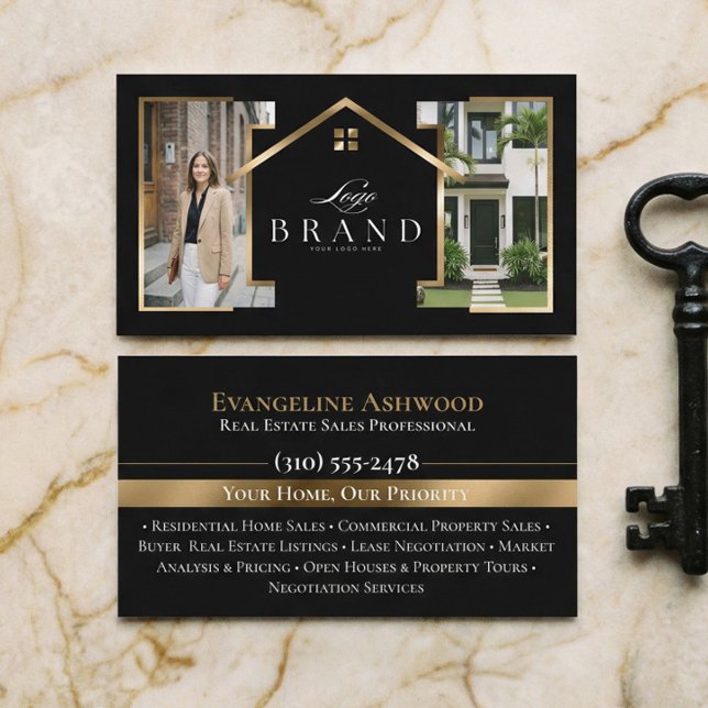Cartão De Visita Black Gold Real Estate Agent Photo Custom Logo (Black Gold Real Estate Agent Photo Custom Logo Business Card)