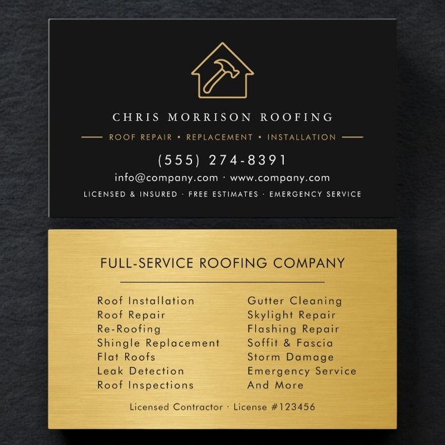 Cartão De Visita Black Gold Roofing Roofer Company Business Card (Criador carregado)