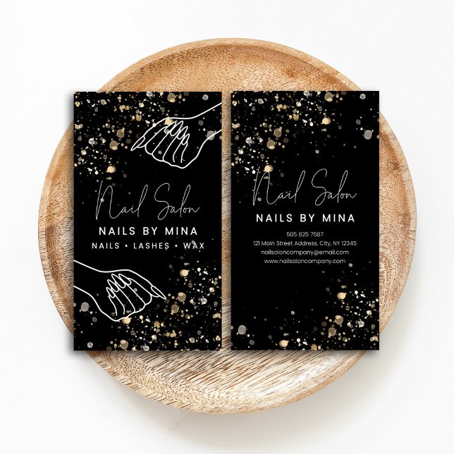 Cartão De Visita Black Gold Specks Hand Nail Salon (Criador carregado)