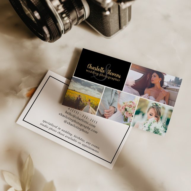 Cartão De Visita Black gold wedding photographer collage (Black gold wedding photographer collage business card)