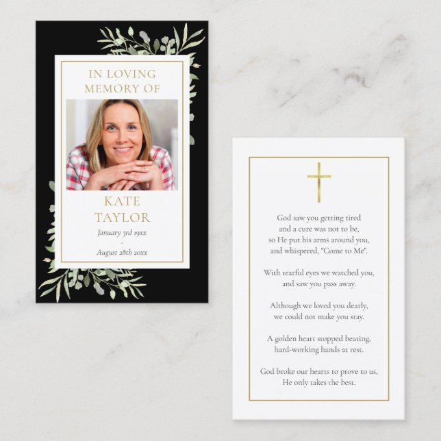 Cartão De Visita Black Greenery Foto Funeral Memorial Cards (Frente/Verso)