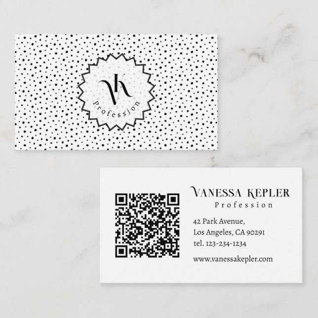 Cartão De Visita Black ink Polka dot Monogram Minimalist Modern. (Frente/Verso)