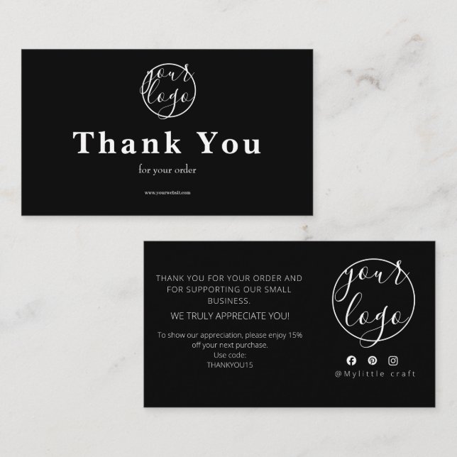 Cartão De Visita Black Logo Thank You Card Small Business (Frente/Verso)