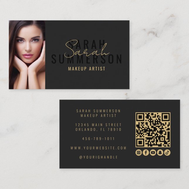 Cartão De Visita Black Makeup Artist Beauty Salon QR Code Photo (Frente/Verso)