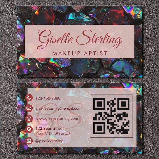 Cartão De Visita Black Makeup Artist Opal Gemstone Código QR (Criador carregado)
