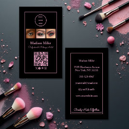 Cartão De Visita Black Pink Script Logo QR Code Photo Makeup