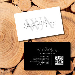 Cartão De Visita Black QR code Modern Calligraphy Script Monogram