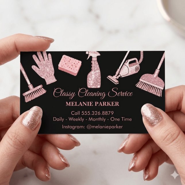 Cartão De Visita Black & Rose pink Glitter Classy Cleaning Services (Criador carregado)