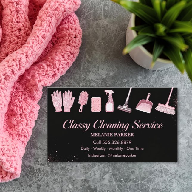 Cartão De Visita Black & Rose pink Glitter Classy Cleaning Services (Criador carregado)