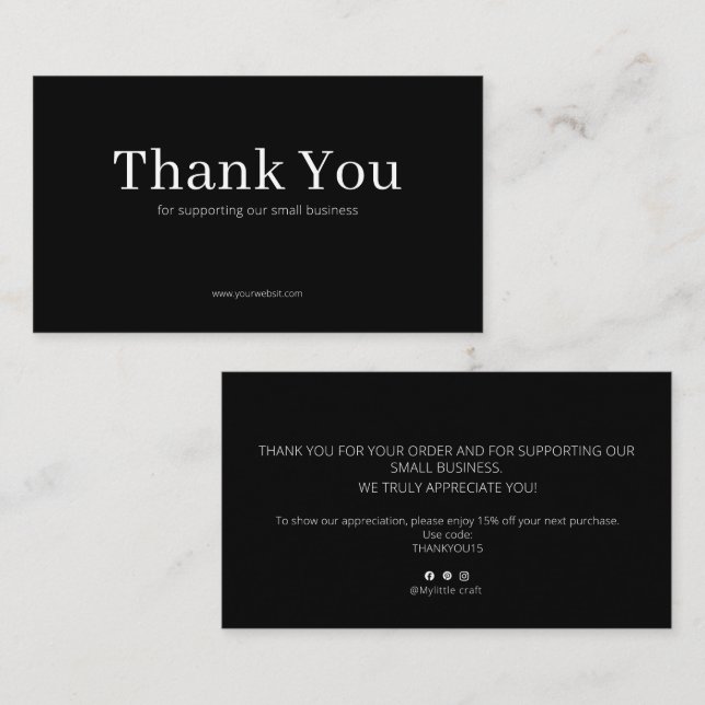 Cartão De Visita Black Serif Thank You Card Discount Code Business (Frente/Verso)