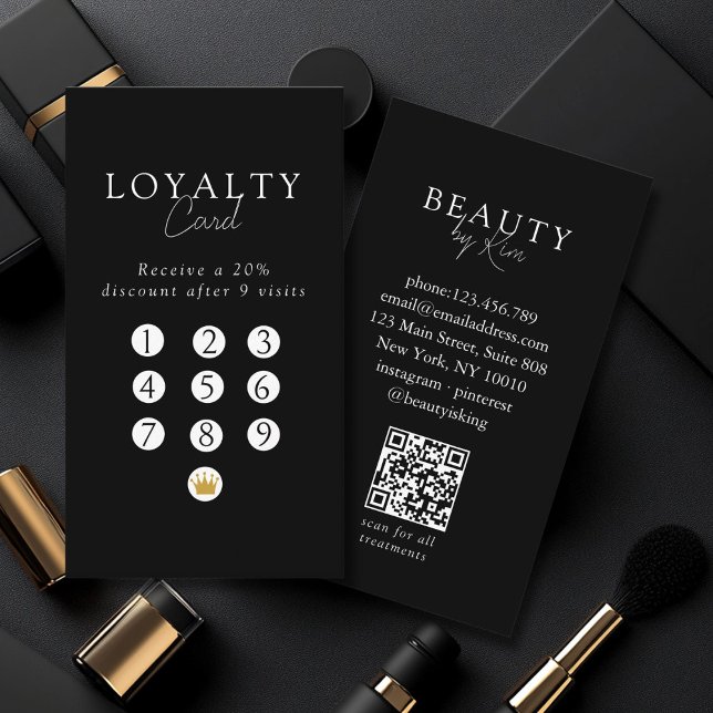 Cartão De Visita Black & White Minimal Salon QR Code Loyalty (Black & White Minimal Salon QR Code Loyalty Business Card)