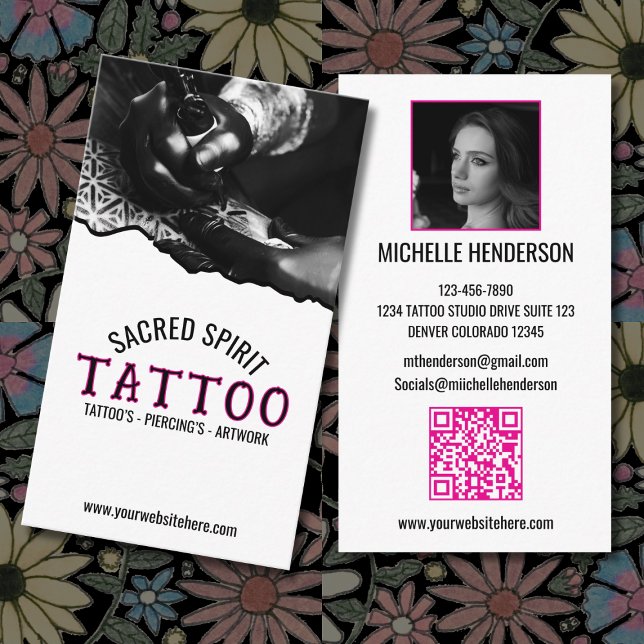 Cartão De Visita Black & White Modern 2 Photo QR Code Tattooist (Criador carregado)