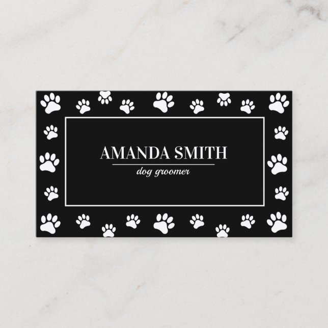 Cartão De Visita Black & White Paw Prints Dog Groomer Business Card (Frente)