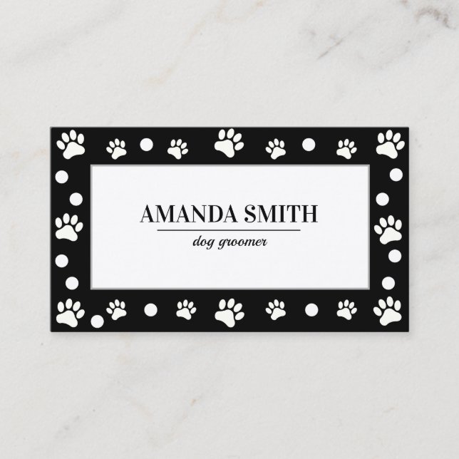 Cartão De Visita Black & White Polka Dots Paw Prints Business Card (Frente)