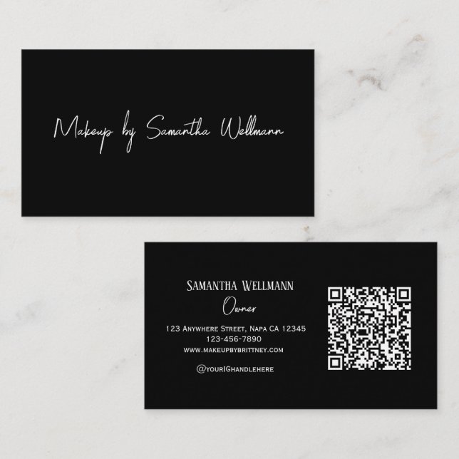 Cartão De Visita Black White Script QR Code Makeup Business Card (Frente/Verso)