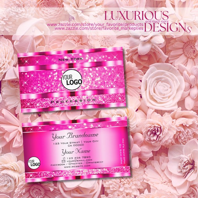 Cartão De Visita Bling Glam Girly Pink Glitter Spark Stars and Logo (Criador carregado)