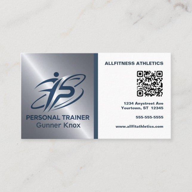 Cartão De Visita Blue and Silver QR Code Fitness Trainer (Frente)