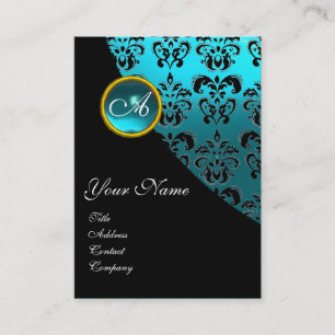 Cartão De Visita BLUE AQUAMARINE DAMASK MONOGRAM, Turquase