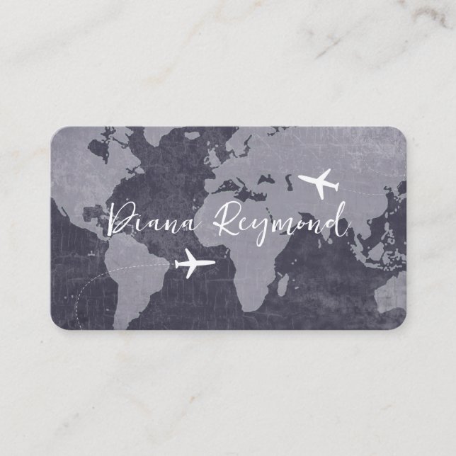 Cartão De Visita Blue Business Cards  with World Map and Planes (Frente)