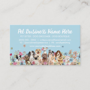 Cartão De Visita Blue Elegant Flowers Tosa de Cães Pet Sitter