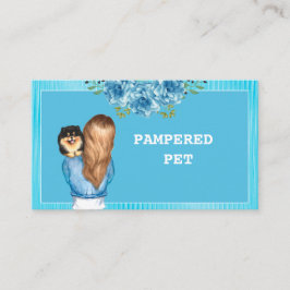 Cartão De Visita Blue Floral Pet Groomer Segurando Puppy