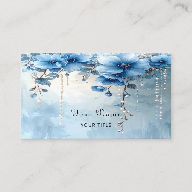 Cartão De Visita Blue Flowers and Pearls Business Card (Frente)