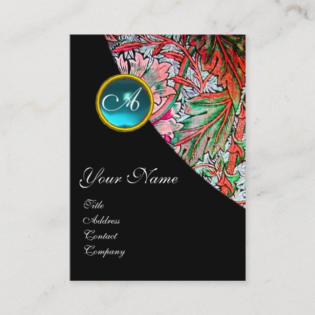 Cartão De Visita BLUE GEM DAMASK MONOGRAM 3 fuchsia verde rosa verm (Frente)