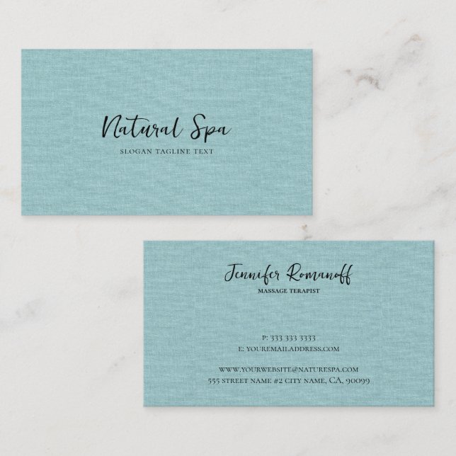 Cartão De Visita Blue-Green Linen Texture Print black Typography (Frente/Verso)