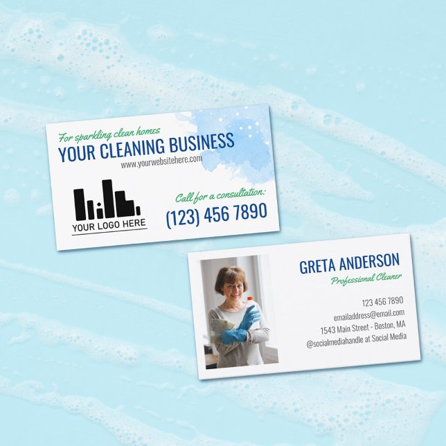 Cartão De Visita Blue Green Watercolor Seu Serviço De Limpeza De Lo (Criador carregado)
