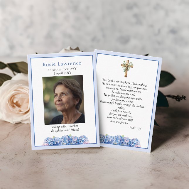 Cartão De Visita Blue Hydrangeas Flowers Memorial Psalm Prayer Card (Criador carregado)