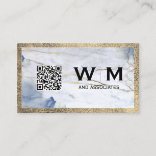 Cartão De Visita Blue Marble Leather Trip Monograma Código QR