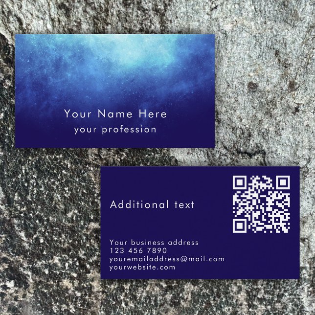 Cartão De Visita Blue Nebula Custom Text Cool Modern QR Code (Personalize this cool business card template for a unique blue nebula contact card.
)