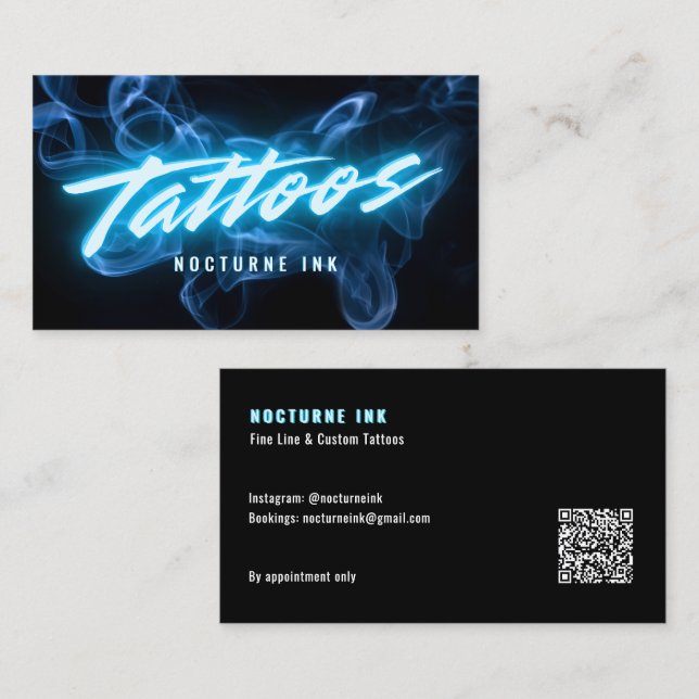Cartão De Visita Blue Neon & Smoke Tattoo Artist QR Code (Frente/Verso)