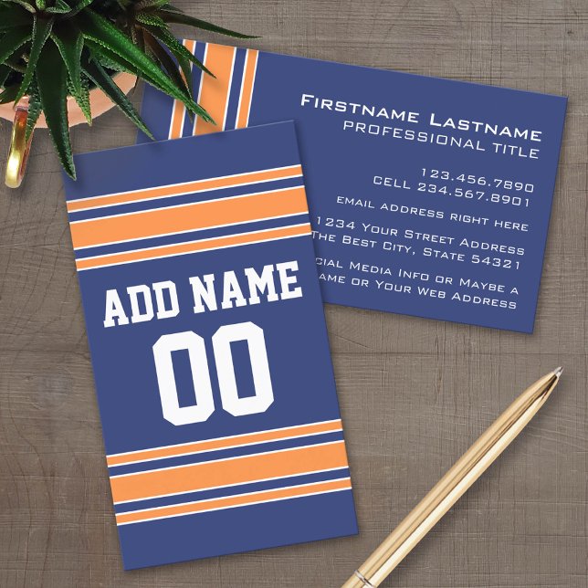 Cartão De Visita Blue Orange Sports Jersey com nome e número (Custom Business Card Template)
