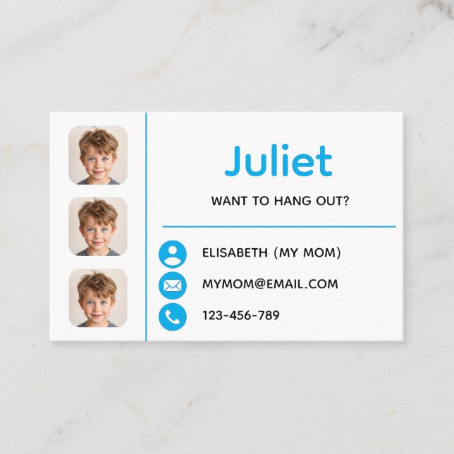 Cartão De Visita Blue Photo Kids Playdate Card (Frente)