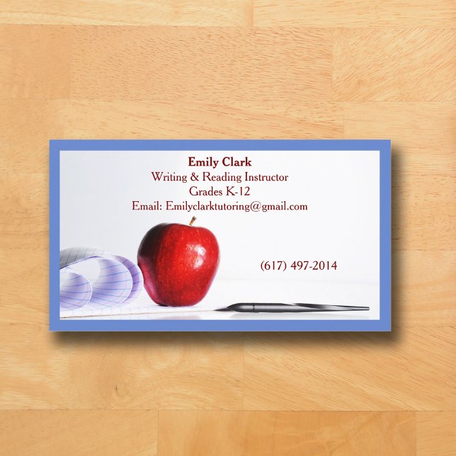 Cartão De Visita Blue QR Code School Teacher Red Apple   (Blue Business Card for Teacher )
