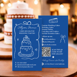 Cartão De Visita Blue Retro French Scribble cake decorator qr code
