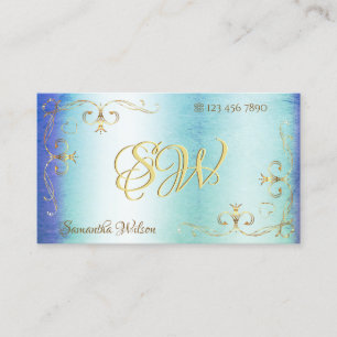 Cartão De Visita Blue Teal Marble Gold Ornate Corners with Initials