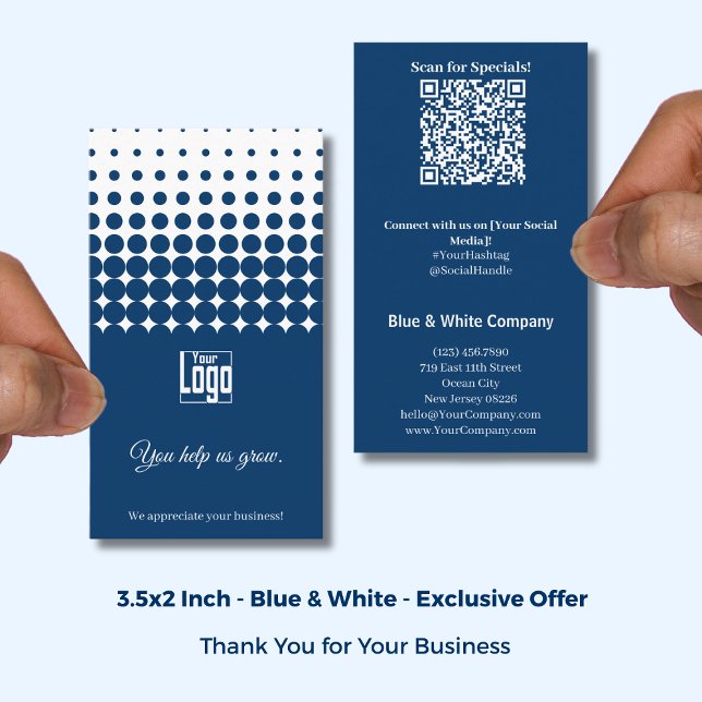 Cartão De Visita Blue White Thank You, QR Access to Special Offer (Blue White Thank You, QR Access to Special Offer Business Card; Size: 3.5x2 Inch)