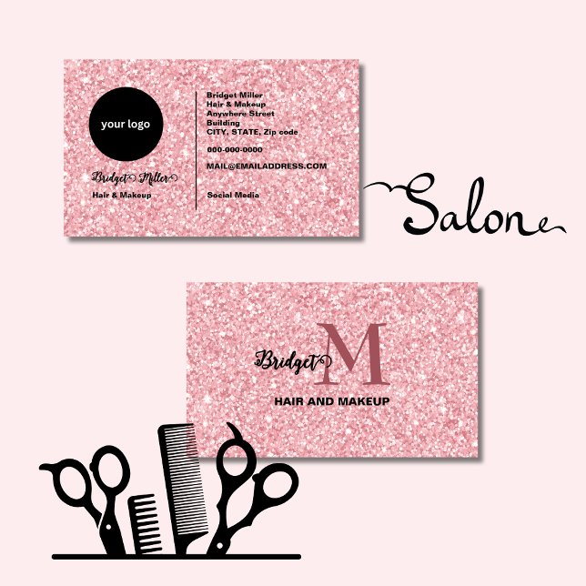 Cartão De Visita Blush Glitter hair Makeup monogram Logo (Criador carregado)
